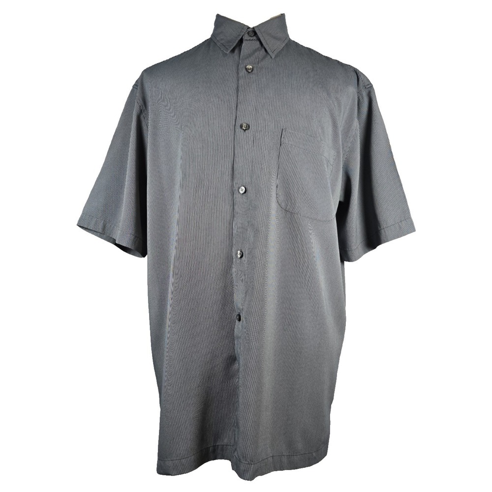 Breakwater Mens Shirt Pin Stripes Large Gray & Black Short Sleeve Rayon Button